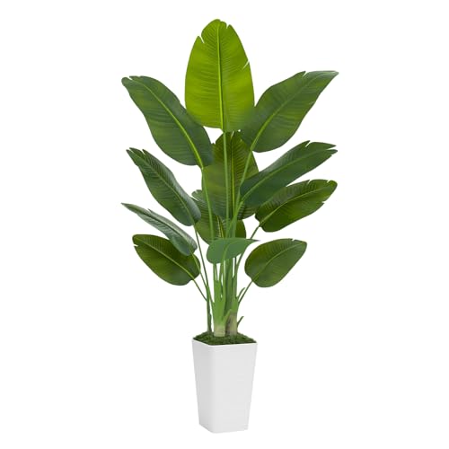 Image of Lifelike Bird of Paradise Artificial Plant 6ft Faux Banana Leaf TRE with White Tall Wavy-Textured Planter for Home Decor- perect Indoor Silk Floor Plant for Living Room Office Ambianc Enhancement
