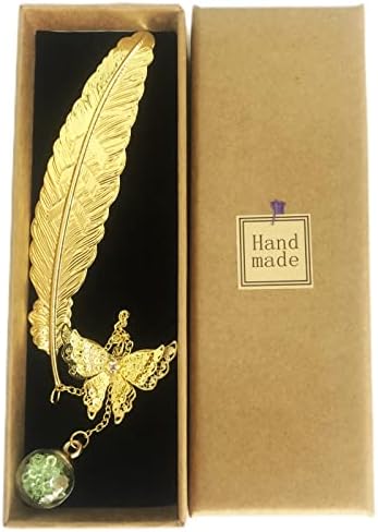 Metal Feather Bookmark, Golden Bookmarks with 3D Butterfly Green Pendant for Women, Teacher Book Lover Librarian Readers Mom Lady Female, Great Gift for Birthday