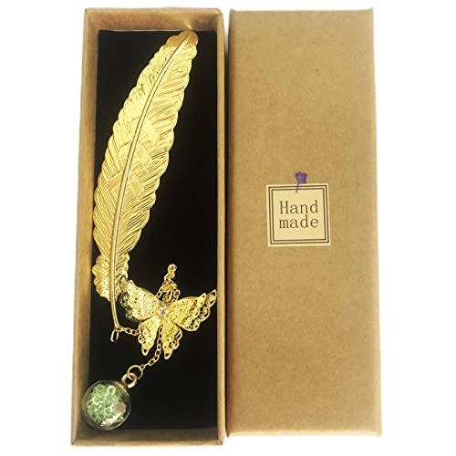 Metal Feather Bookmark, Golden Bookmarks With 3D Butterfly Green Pendant For Women, Teacher Book Lover Librarian Readers Mom Lady Female, Great Gift For Birthday #TOP3