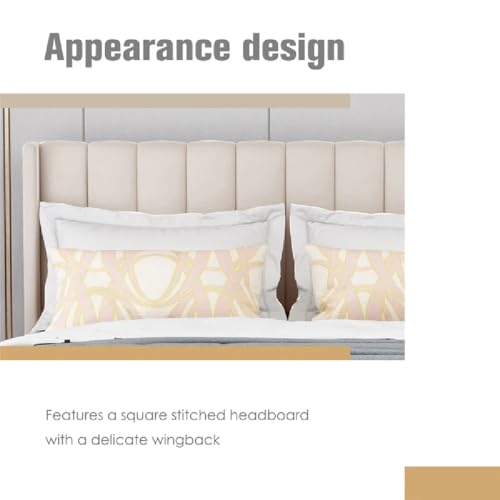 Image of Low Profile Upholstered Platform Bed with Winback Headboard | Bed King Size | Bed Without Storage | Upholstered Beds King Size | Mattress not Included | Yellow