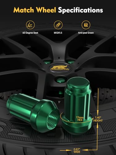 Image of MIKKUPPA M12x1.5 Wheel Lug Nuts, Green 20PCS Closed End Spline Lug Nuts | Replacement for 1994-2013 Chevy Impala, 1998-2022 Honda Accord /CRV /Civic, 2003-2008 Honda Pilot Aftermarket Wheel