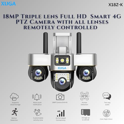 Image of XUGA - Cybernautt K18Z (6+6+6) MP 3 Lens PTZ 4G Sim Wireless Outdoor CCTV Camera with All 3 Lens Mobile Operated | 360 | Night Vision | Motion Detection | Gym | Farm | Use Air-tel 4G Sim