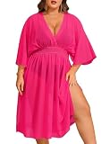 SWOMOG Women Plus Size Cover Ups Swimsuit V-Neck Batwing Sleeve Pleated Waist Cover Ups Chiffon Summer Bikini Bathing Rose Red