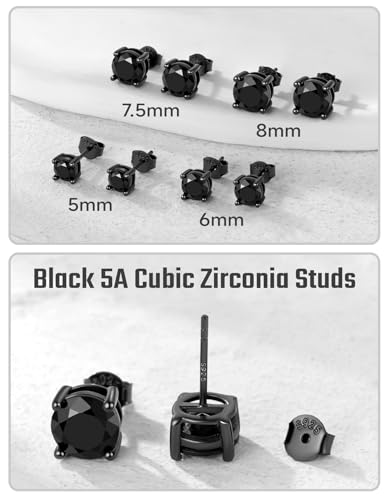 Stud Earrings for Men, Black Earrings for Men Women 925 Sterling Silver Studs Hypoallergenic, Simulated Diamond Cubic Zirconia Stud Earrings Jewelry for Gifts, 5-8MM4