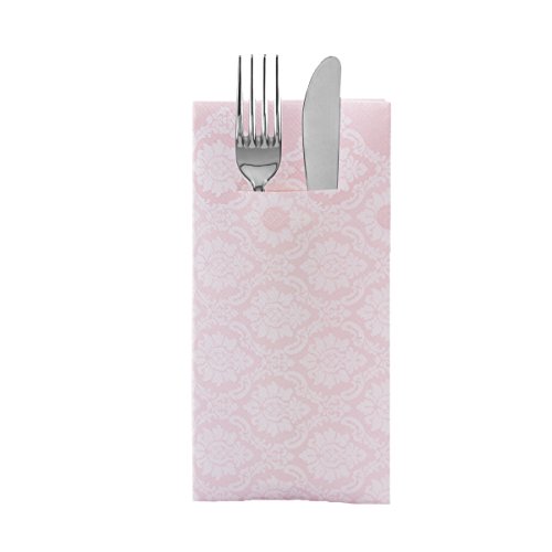 Sovie HORECA Airlaid Besteckserviette MANDY in ALTROSA – 40 x 40 cm, 1/8 Falz, 100 Stück – mit patentiertem Besteckschlitz – Ornament-Blütendesign - passend für Hochzeiten, Jubiläen