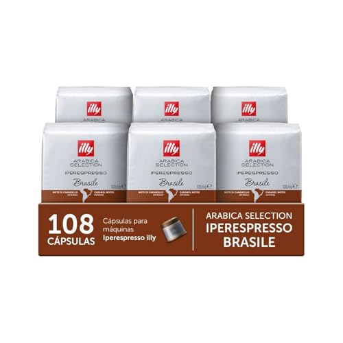 illy, Cápsulas de Café Iperespresso Arabica Selection Brasil, 100% Arábica con Notas de Caramelo y Frutos Secos, Sabor Intenso, 6 Paquetes de 18 Unidades (108 Cápsulas)