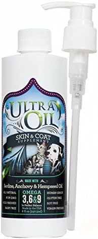 Ultra Oil Skin and Coat Supplement for Dogs & Cats - Hemp Seed Oil, Flaxseed Oil, Grape Seed Oil, Fish Oil for Relief from Dry Itchy Skin, Dandruff, and Allergies (8oz)