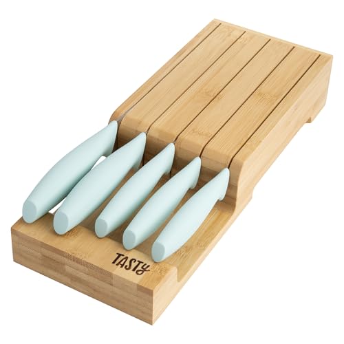 Tasty In-Drawer Kitchen Knife Set, Space-Saving Cutlery and Kitchen Organizer, Includes Chef, Bread, Santoku, Utility and Paring Knives, 6-Piece, Aqua by Tasty - Used condition - US$15.21