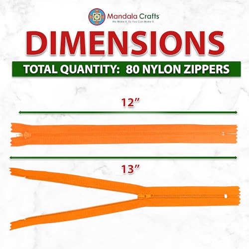 Image of Mandala Crafts 80 PCs Orange Closed-End 12 Inches Nylon Zippers for Sewing