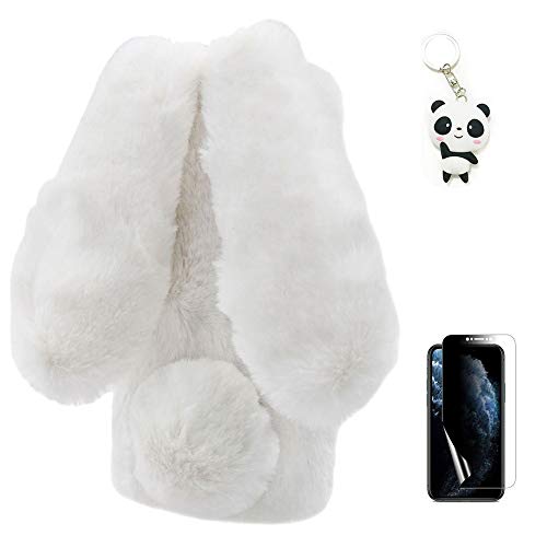 Artfeel Plüsch Kaninchen Hülle Kompatibel mit iPhone 12/iPhone 12 Pro 6.1 Zoll,Niedlich Pelzig Hase Ohren Haarballen Weich Flauschige Winter Warm Handyhülle Faux Pelz Glitzer Diamant Hülle,Weiß