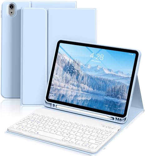 ZKTUYU Keyboard Case for iPad Air 11 inch (M3/M2) 2025/2024, iPad Air 5th/4th Generation 10.9 inch 2022/2020, Stand Folio Slim Cover with Pencil Holder, Detachable Bluetooth Keyboard (Sky Blue)