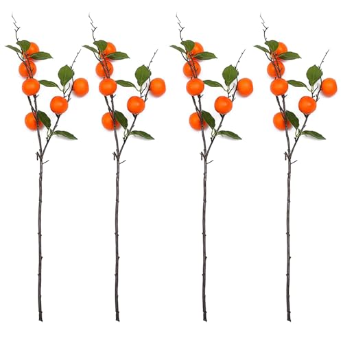 ZHDOKA 4pcs Artificial Tangerine Branches, 28in Tall Simulation Plastic Kumquat Stems, Lifelike 6 Heads Fake Orange Fruit Branches with Green Leaves for Home Table Centerpiece Flower Arrangement