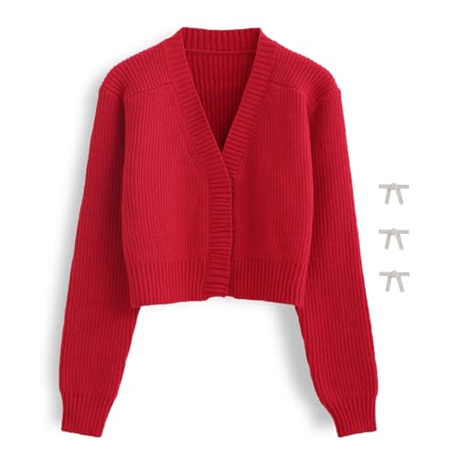 CHICWISH Women Crop Cardigan Sweaters Bowknot Brooch Button Knit Cardigans Open Front Long Sleeves Sweater Tops3