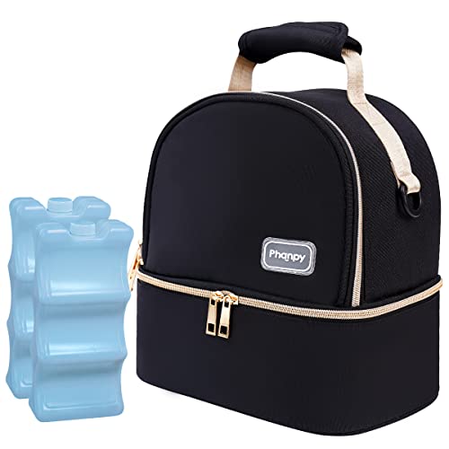 Image of Phanpy Breast Pump Bag with Cooler, Breastmilk Cooler Bag with Ice Pack, Double Deck Breastmilk Storage Bag Cooler, Baby Bottle Bag, Double Layer Preservation Package(Black)
