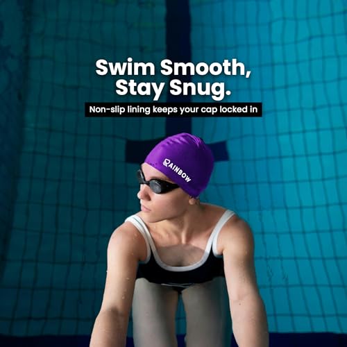 Image of Rainbow Silicone Swimming Cap for Men, Women & Kids | Stretchable Swim Cap for Long & Short Hair | Durable, Waterproof & Comfortable Fit - Purple
