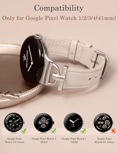 Image of Wearlizer Leather Bands Compatible with Google Pixel Watch 4 /3 41mm /Pixel Watch 2 /1 Band Women, Dressy Designer Slim Leather Strap with D-Shape Metal Buckle for Pixel Smartwatch Accessories