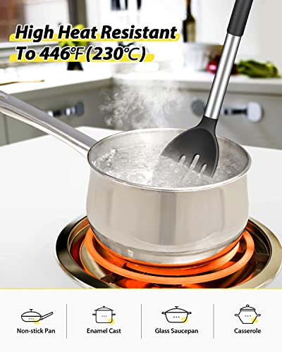 2 Pcs Silicone Cooking Spoons, Solid and Slotted Spoon Set, Non-Stick BPA Free Heat-Resistant Basting Kitchenware for Soup, Serving, Draining, Stirring(Black) - Image 5