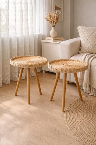SODEF Rattan Side Table, 15x18 in Round Bohemian Minimalist End Table with Wooden Legs, Handmade Accent Furniture, Beige, 2 Piece Set - Beige