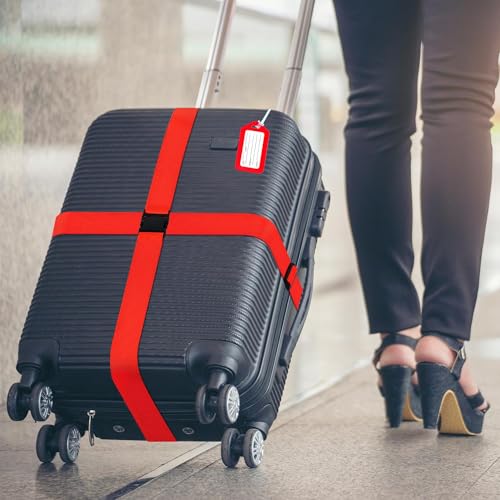 Image of 4 Pack Luggage Straps & Luggage Tags, Luggage Straps for Suitcases [Tsa Approved] [Adjustable Suitcase Belt] Suitcase Straps with Tags Red