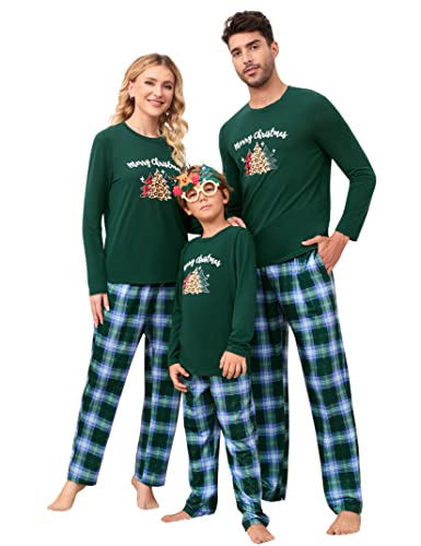 MISSKY Christmas Pajamas for Family Long Sleeve Print Top and Plaid Pants Sleepwear Xmas Holiday Pjs Sets