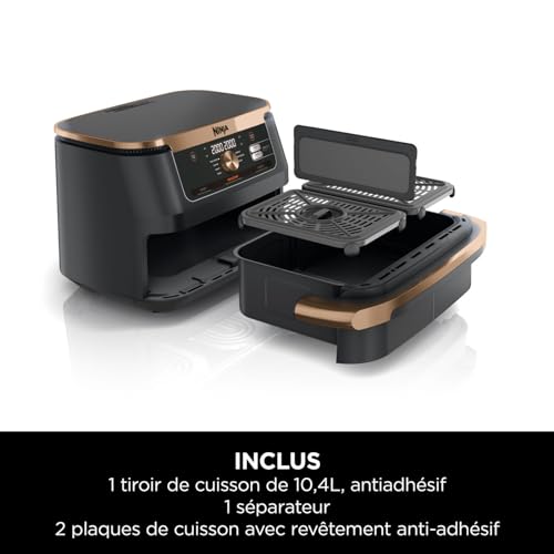 NINJA Foodi FlexDrawer Air Fryer, Dual Zone Avec Séparateur Amovible, Grand Tiroir de 10.4 L, 7-en-1, Double Zone, Pièces Antiadhésives Compatibles Au Lave-Vaisselle, Noir & Cuivre, AF500EUCP