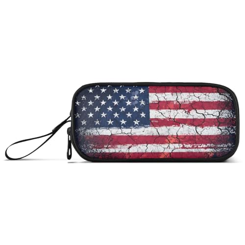 Image of Retro American Flag Pencil Case Box Boys Girls Large Pencil Pouch Zipper Compartments Big Capacity Stationery Pen Bag Organizer for Kids Teens Adults School Office