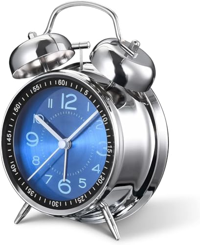 Image of Alarm Clock Analog Table Clock with Twin Bell Design and Numbered Dial, Desktop Timepiece (Metal Blue Silver Analog Clock)