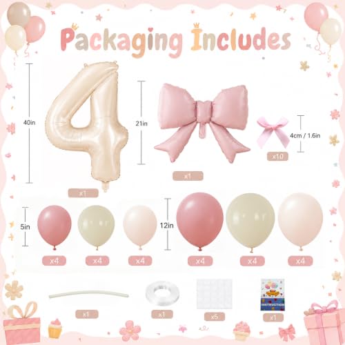 Image of 40 Inch Pink Beige Number 4 Balloon Tower with Bow 4th Birthday Decorations