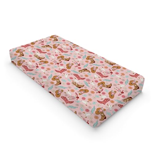 Image of Boho Western Cowgirl Pink Baby Changing Pad Cover Cowgirl Hats Boots Skull Cactus Floral Diaper Change Table Sheets for Girls Soft Breathable Stretch Nursery Changing Pad Table Mats 32''x16''