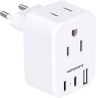 HANYCONY European Travel Plug Adapter USB C: 2 AC Outlets, 3 USB Ports (2 Type C) US to Europe for Italy Spain France Germany & More