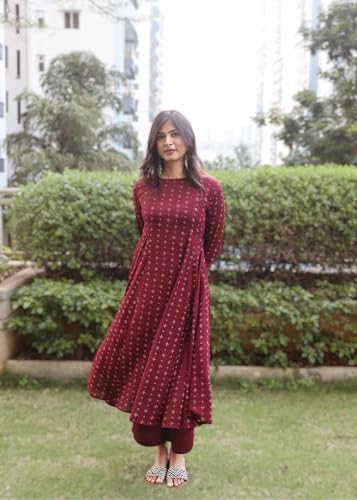 Image of GoSriKi Women Kurta Set | Rayon Viscose Printed Anarkali Kurta with Pant | Ethnic Wear for Women | Indian Casual Office Daily Summer Outfit