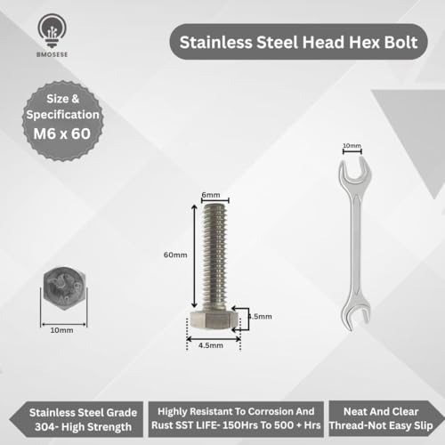 BMOSESE M6x60mm Length Stainless Steel Hex Head Bolt with Nut & Flat Washer|Available Sizes 10mm-60mm |Diameter 6| Rustproof Bolt Kit for Home, Industrial, Plumbing Use | 50PCS SET) - Image 5 thumbnail