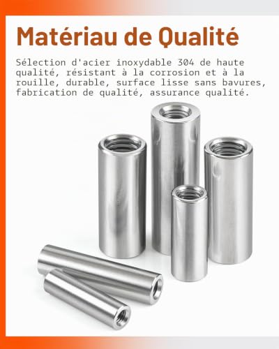 Jeboler Lot de 5 manchons filetés ronds M10 x 50 mm en acier inoxydable 304 - Écrous de connexion ronds - Écrous de connexion longs V2A - Filetage intérieur V2A - Manchons d'écartement - Écrou de tige – vue 3
