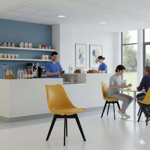 Image of Modern Dining Chair, Yellow Plastic with Black Wooden Legs, Contemporary Scandinavian Style Bar Stool
