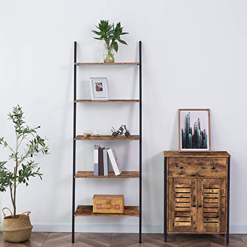 HOOBRO Ladder Shelf, 5-Tier Sloping Bookshelf, Industrial Plant Flower Stand Shelves, Leaning-Against-Wall Storage Rack for Living Room, Kitchen, Office, Metal Frame, Rustic Brown BF70CJ01
