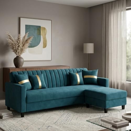 Image of CASASTYLE Korion 4 Seater L Shape Sofa Set with Movable Ottoman | Flexible Left or Right Layout | Cozy Velvet Fabric | Soft Touch Seating | Modern Designer Sofa for Living Room (Greenish Teal)