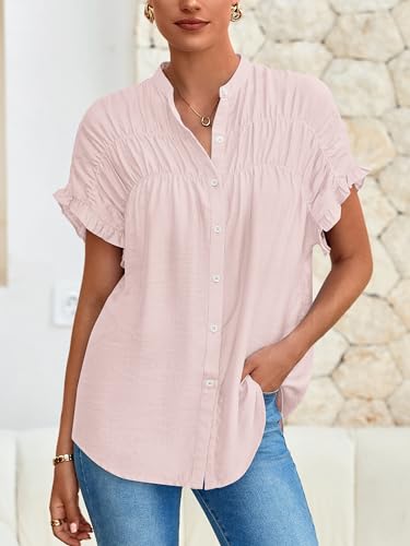 MASCOMODA Womens 2025 Button Down Shirts Ruffle Short Sleeve Loose Summer Tops Dressy Casual V Neck Business Work Blouses2