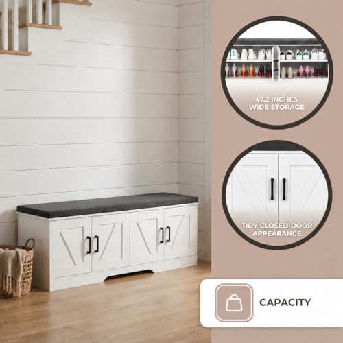 Image of HOMSHO Farmhouse Shoe Storage Bench with 4 Barn Doors & Padded Seat Cushion | 47.2 inch Wide Entryway Bench with Adjustable Shelves & Hidden Storage, White