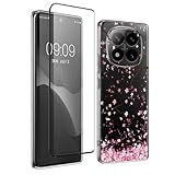 kwmobile Clear Case and Screen Protector Compatible with Xiaomi Redmi Note 14 Pro 5G / Poco X7 Case - Cherry Blossoms Pink/Dark Brown/Transparent