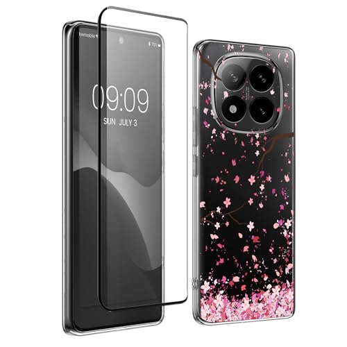 kwmobile Clear Case and Screen Protector Compatible with Xiaomi Redmi Note 14 Pro 5G / Poco X7 Case - Cherry Blossoms Pink/Dark Brown/Transparent