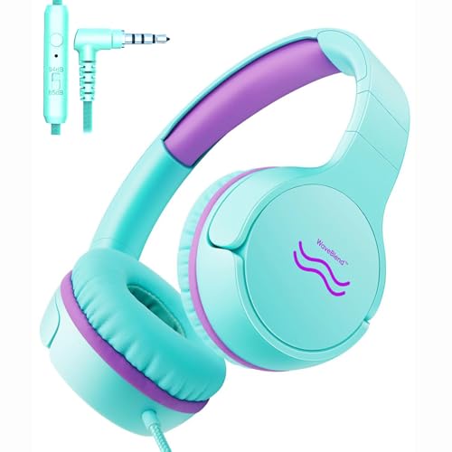 Image of Wired Kids Headphones with Mic, Foldable, Volume Control Safe Listening(85 /94dB), 3.5mm Jack on-Ear Headset for Chilren /Teens /Boys /Girls /School /Travel /Plane /Tablet /Ipad /Laptop, GreenPurple