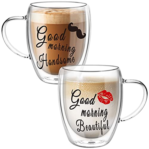 Top-spring Double Walled Glass Coffee Cups for Couples Insulated Latte Glasses Couple Mugs Set of 2