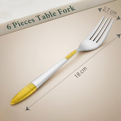 Parage 6 Pieces Stainless Steel 24k Golden Forks Set, 18 cm Long, Premium Cutlery for Home & Kitchen, Luxury Dining Tableware Gift for House Warming,24 Karat Gold Plated Table Forks, Ivory Design