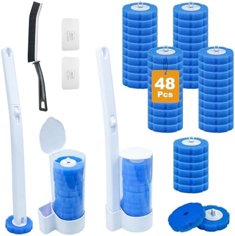 2 Pack Disposable Toilet Brush and Holder Set, with 48 Toilet Bowl Cleaner Refills & Upgraded Clamping System, for Bathroom Cleaning,Sink, Bathtub, Floor, Wall Mounted or Floor Standing