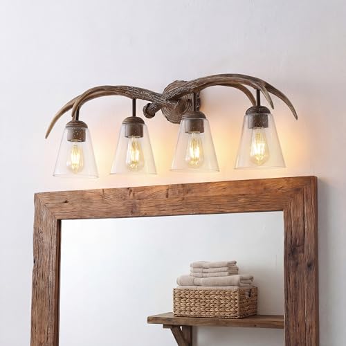 Image of JONATHAN Y 32.5 inch Brown Wood Finish 4-Light Resin Antlers Vanity Light Wall Sconce Rustic Farmhouse for Living Room Bathroom with Clear Seeded Glass Shades LED Bulbs Included JYL6315A