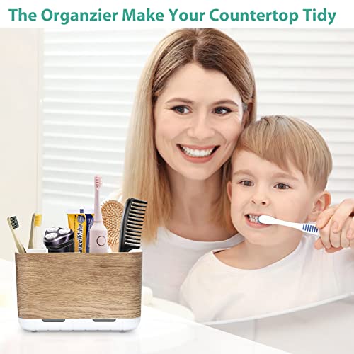 Boperzi Toothbrush And Toothpaste Holder Wood Grain For Bathroom Countertop With Adjustable Dividers, Toothpaste Caddy Organizer Storage Rustic Set Anti-Slip For Shower,Kitchen,Farmhouse,Family,Kids #TOP6