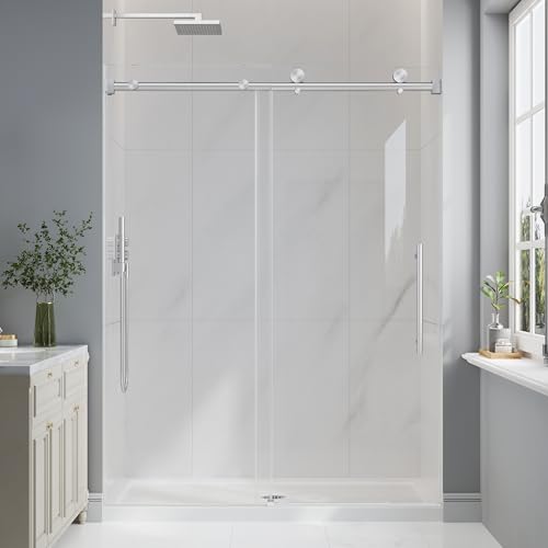 EASYWORC Frameless Glass Shower Door, 55-60" W x 76" H Sliding Frameless Shower Door, 1/4''(6mm) SGCC Tempered Glass, Explosion-Proof Film Nano Coating, Stainless Steel Hardware, Brushed Nickel