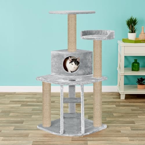 Image of Plush Fur Fabric Kitten Cat Tree - Climbing Ladder | Top Perch | Spacious Condo | Furry Ball | Jute Rope Scratching Posts (Medium) (Grey - FURR-49)