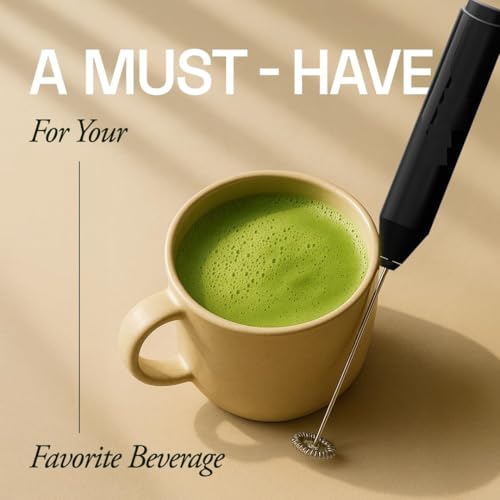 Image of DERIKO Powerful Milk Frother for Coffee, Battery Operated Electric Foam Maker with Stainless Steel Whisk, Handheld Drink Mixer with Stand for Cappuccino, Latte, Hot Chocolate (Black)