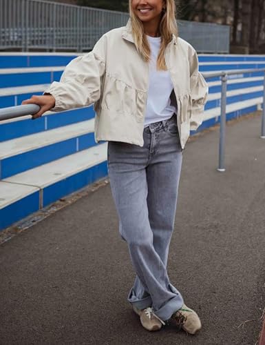 Watashi Women Casual Jacket Lightweight Oversized Zip Up Pleated Cropped Bomber Jackets Fall Anorak Coat with Pockets2